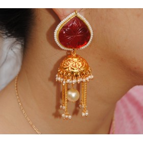Gold Red Koyari Pearl Jhumka Earring